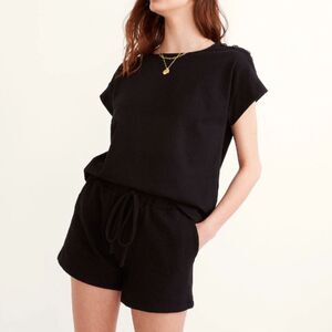 Madewell Seersucker Button Shoulder Short Sleeve Cotton Blend T-Shirt Black XS